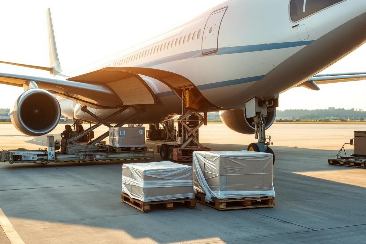 Cargo aircraft being loaded with freight pallets on the airport tarmac