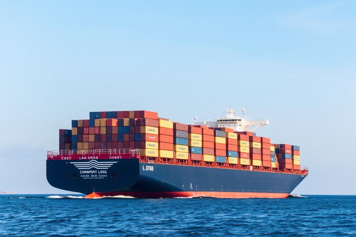 Container ship carrying stacked cargo containers across open sea
