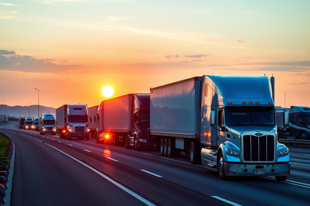 Fleet of freight trucks carrying trailers along a highway at sunrise